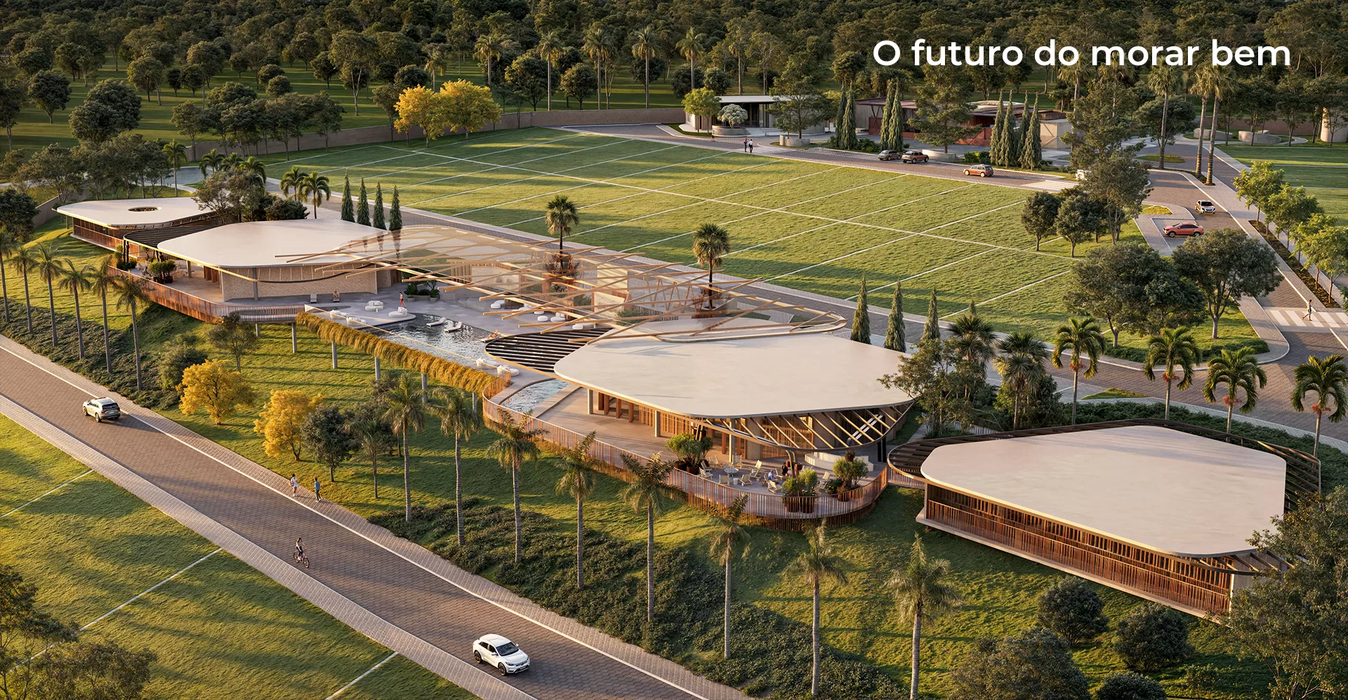 imagem ampla de três grandes áreas do villaggio dei lupi para mostrar o condomínio clube, com o texto "o futuro do morar bem"